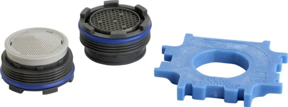 Strahlregler von Ideal Standard, bestehend aus zwei Teilen mit unterschiedlichem Deckel und einem blauen Montageelement.